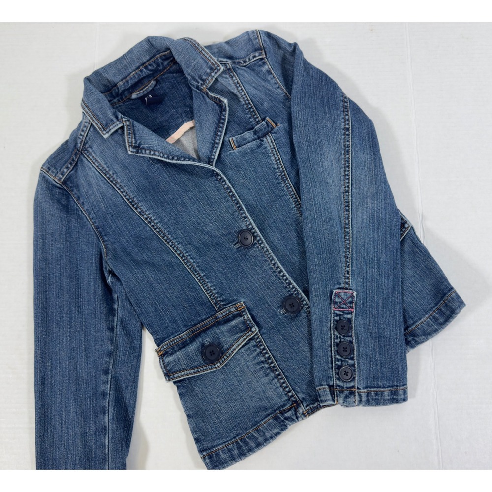 GAP Womens Denim Blazer Jacket Medium Wash Blue Size 2 Button Front Y2K Retro